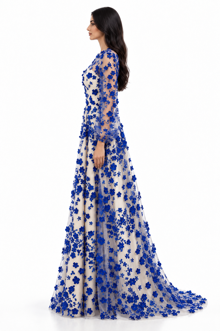 Royal Blue Floral Embroidered Tulle Maxi Dress - Blossom