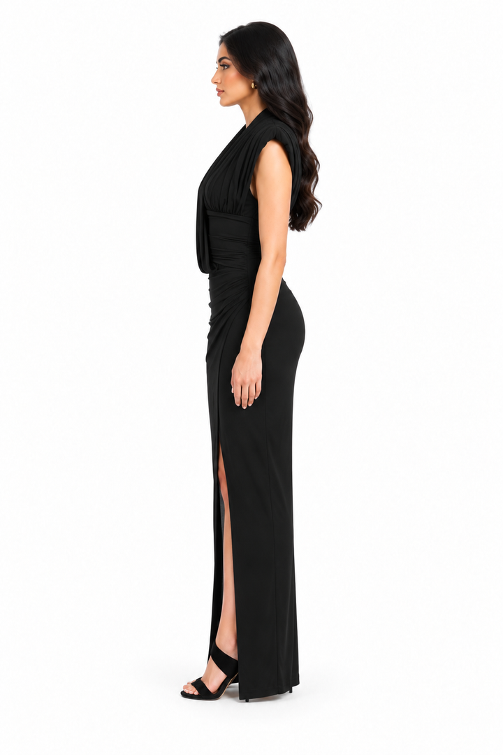 Black Draped Slit Gown -Noctelle