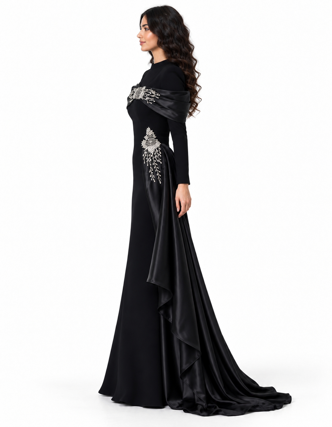 Black Crystal Embellished Draped Cape Maxi Dress - Alessia