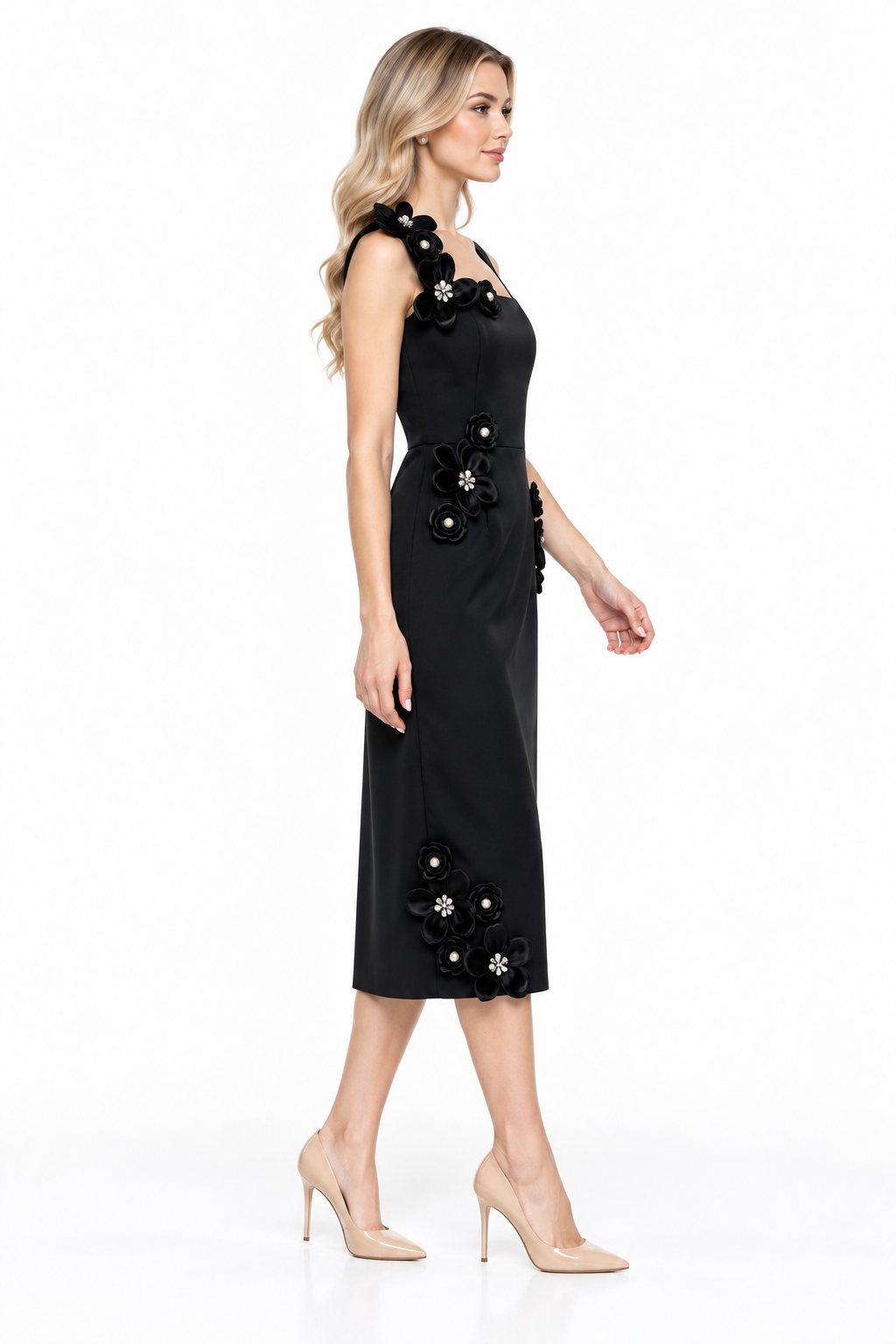 Floral Appliqué Square-Neck Midi Dress - Petalune