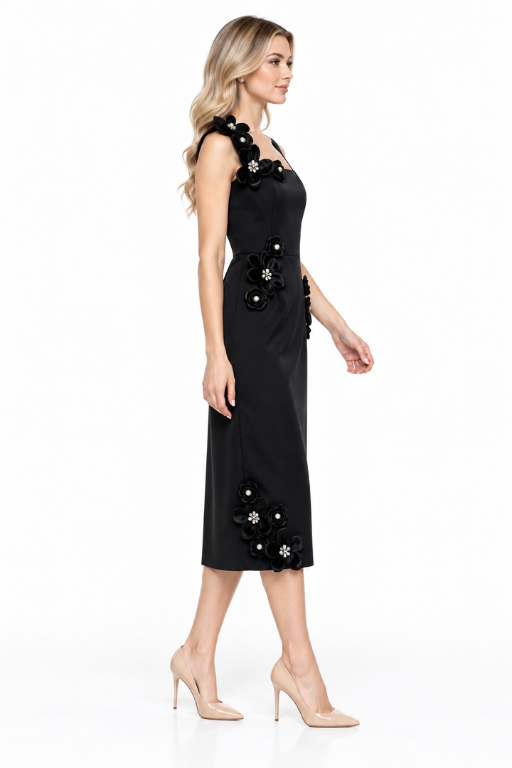 Floral Appliqué Square-Neck Midi Dress - Petalune