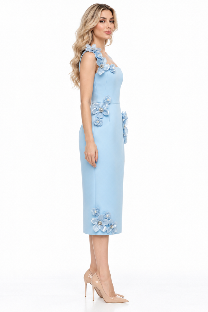 Floral Appliqué Square-Neck Midi Dress - Petalune