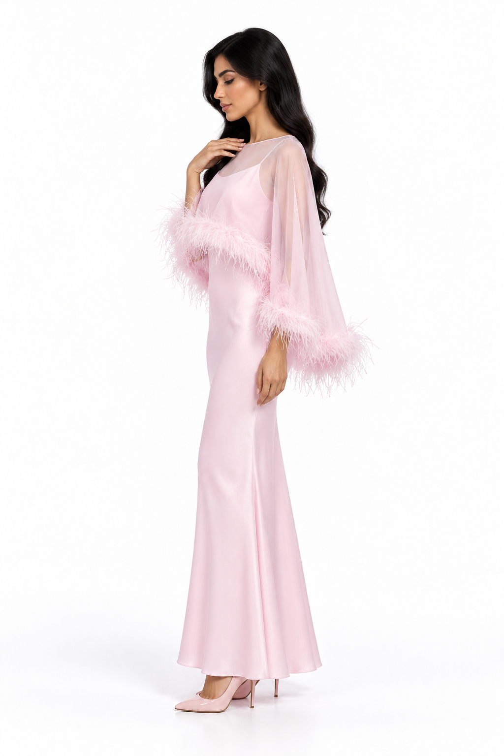 Feather Trim Sheer Overlay Evening Gown - Noirissa
