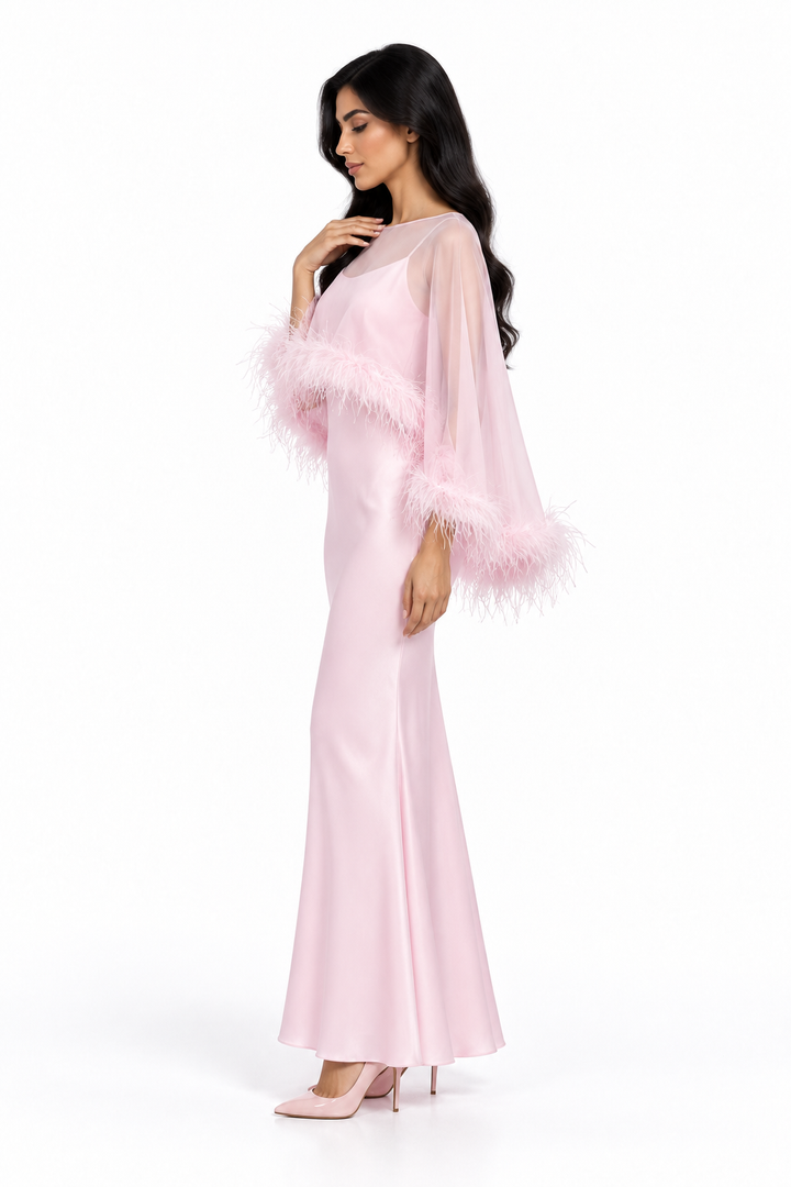 Feather Trim Sheer Overlay Evening Gown - Noirissa