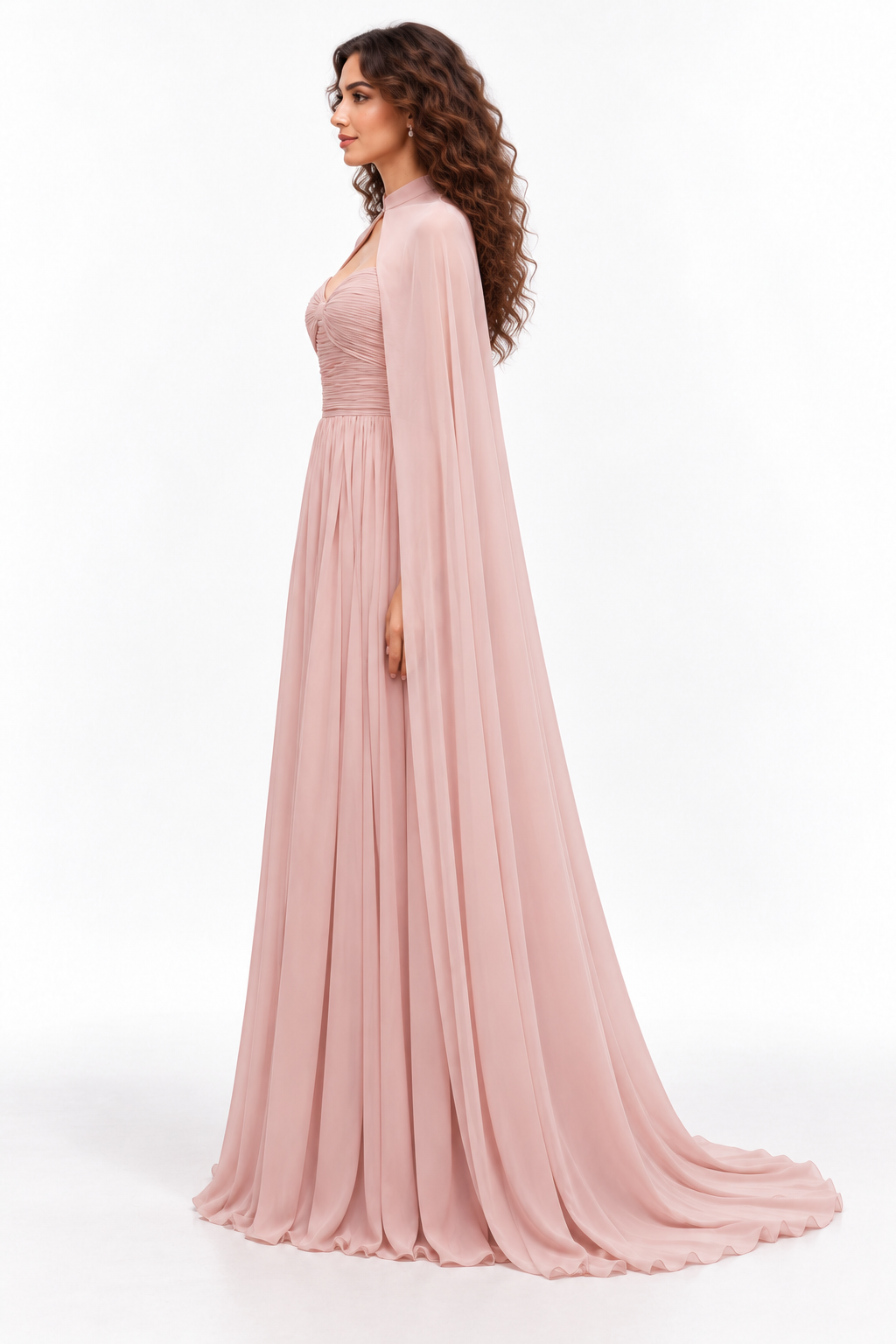 Ruched Bodice Cape Evening Gown - Celestia