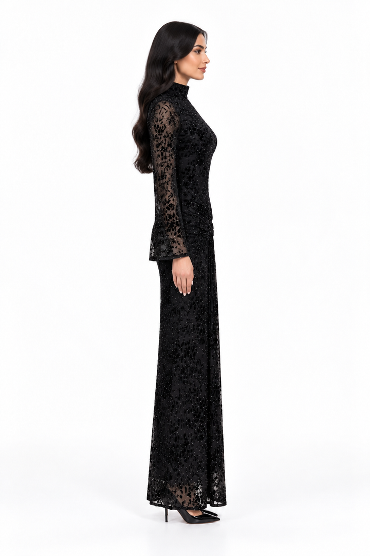 Embellished High-Neck Velvet Evening Gown - Noirevia