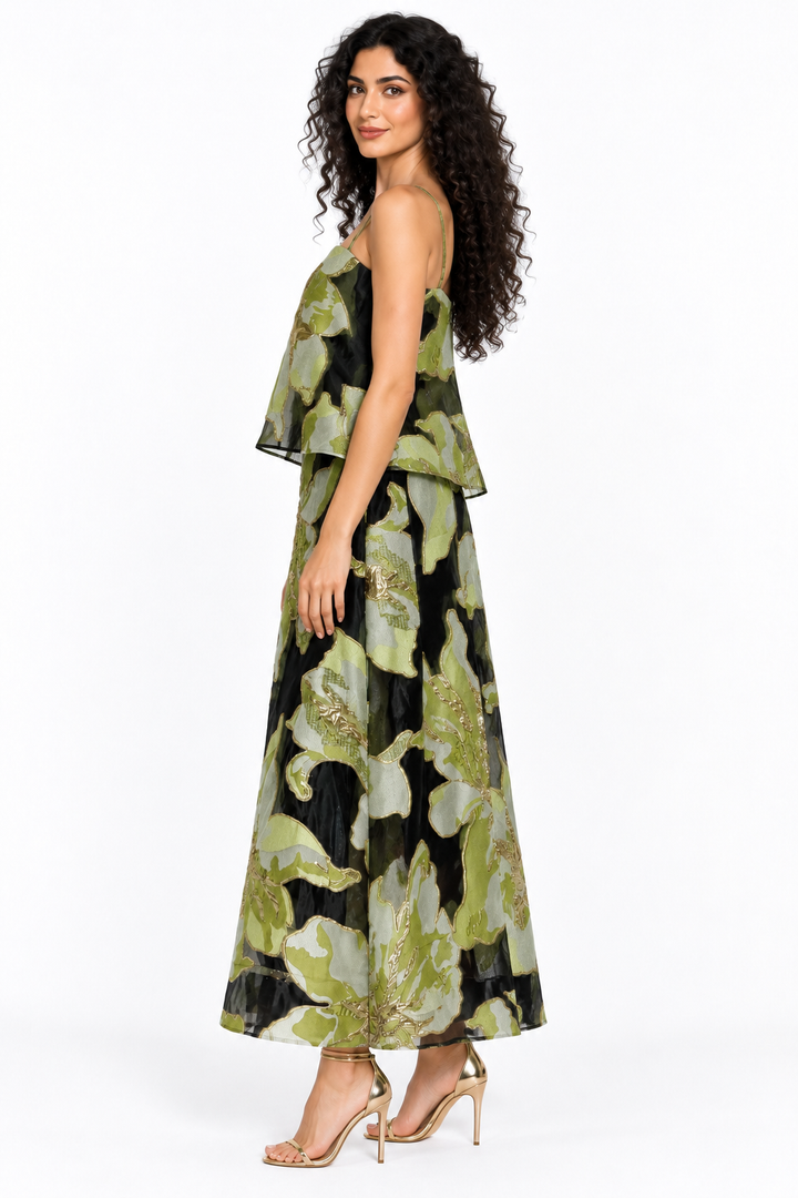 Floral Jacquard Layered Midi Dress - Viridelle