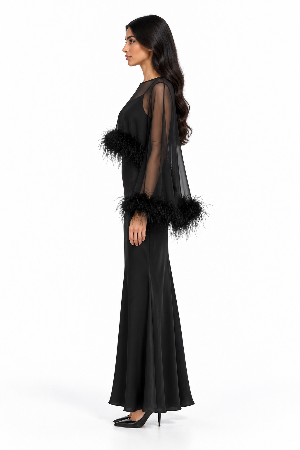 Feather Trim Sheer Overlay Evening Gown - Noirissa