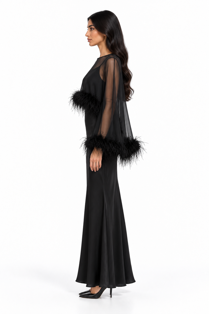 Feather Trim Sheer Overlay Evening Gown - Noirissa
