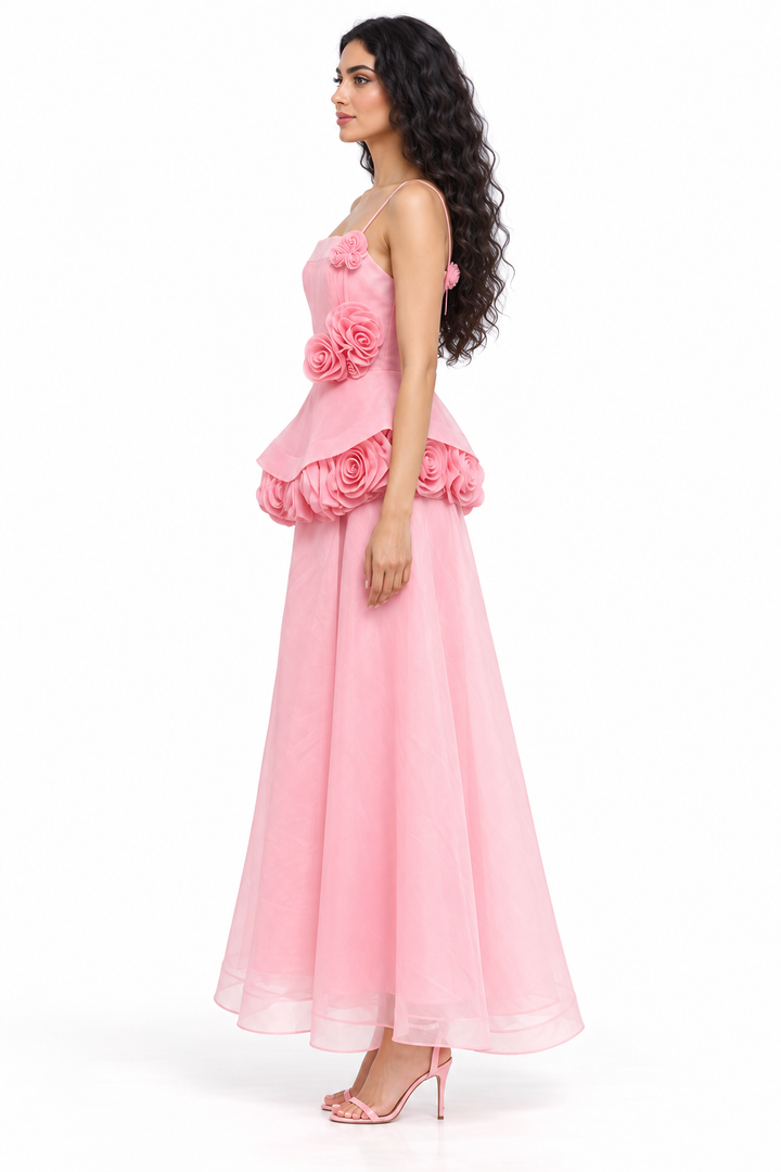 Floral Rosette Peplum Evening Gown - Rosamira