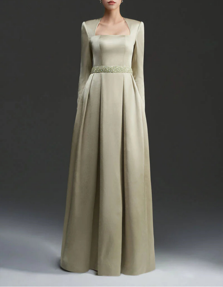 square-neck satin gown with embellished waist – SERENA