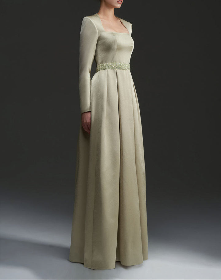 square-neck satin gown with embellished waist – SERENA