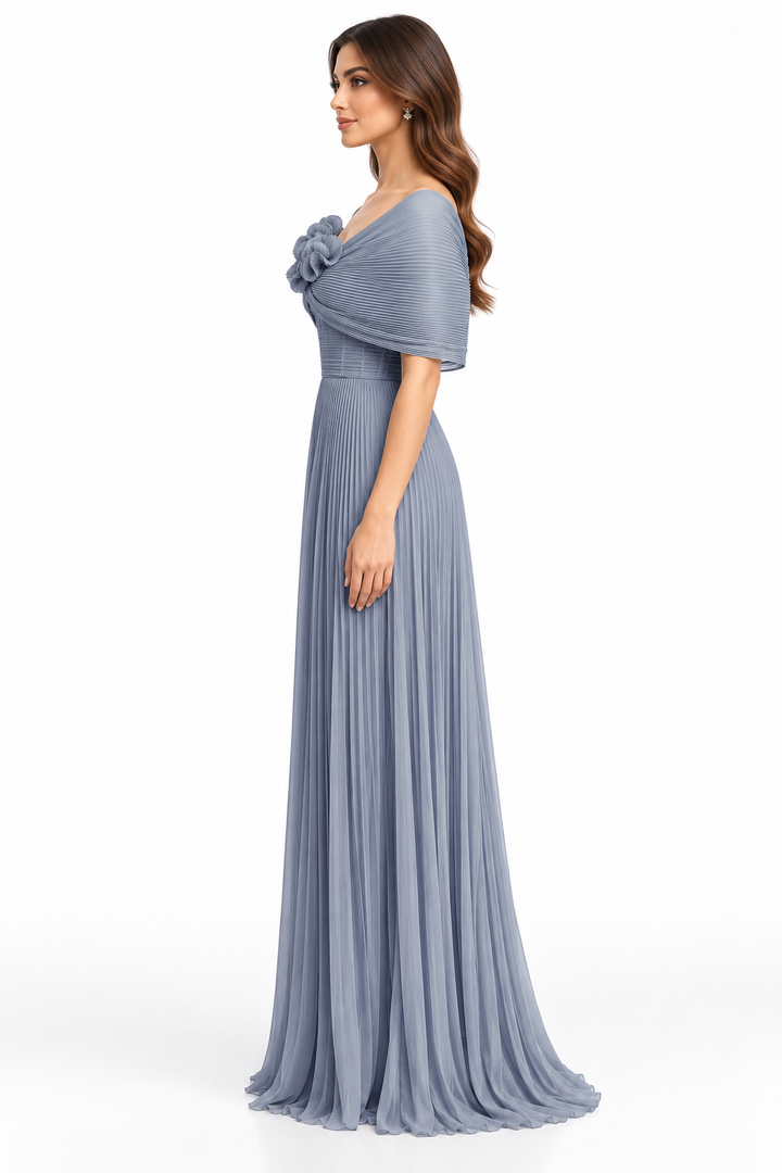 Silver Pleated Floral Gown -Lunavelle