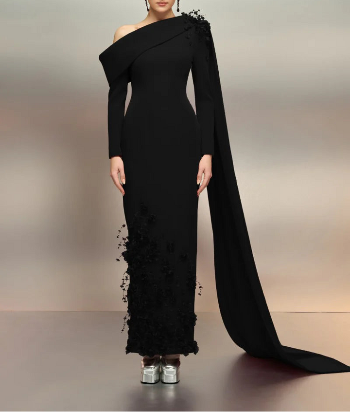 one-shoulder embellished gown with draped sash – CELVINA