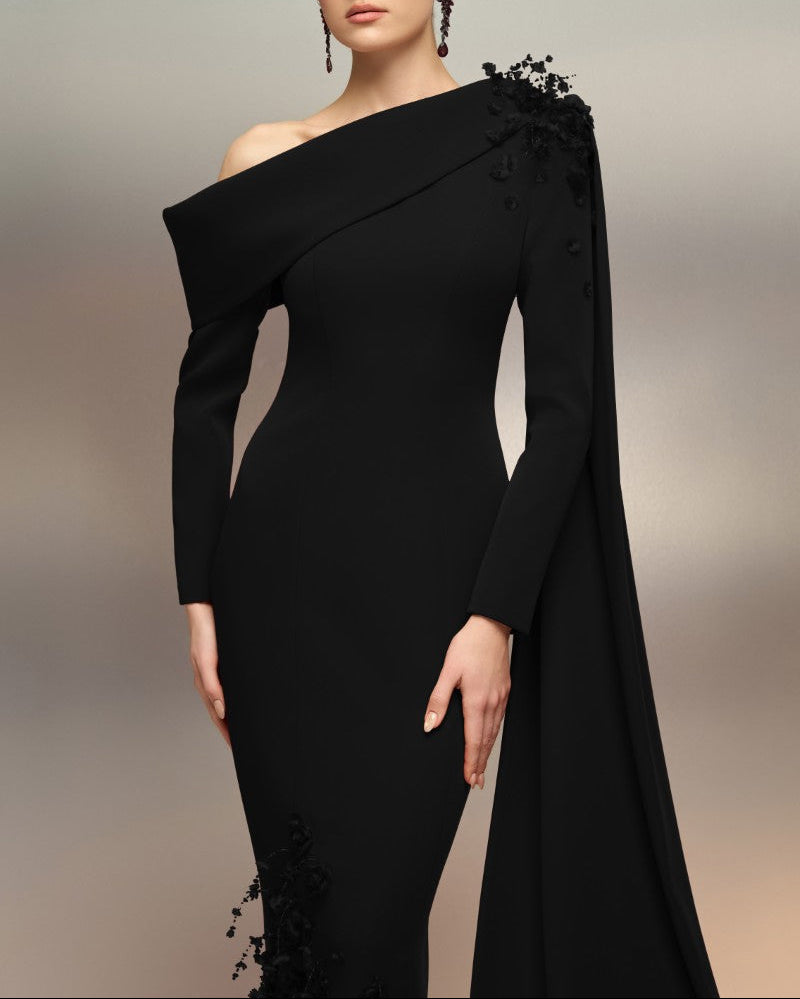 one-shoulder embellished gown with draped sash – CELVINA