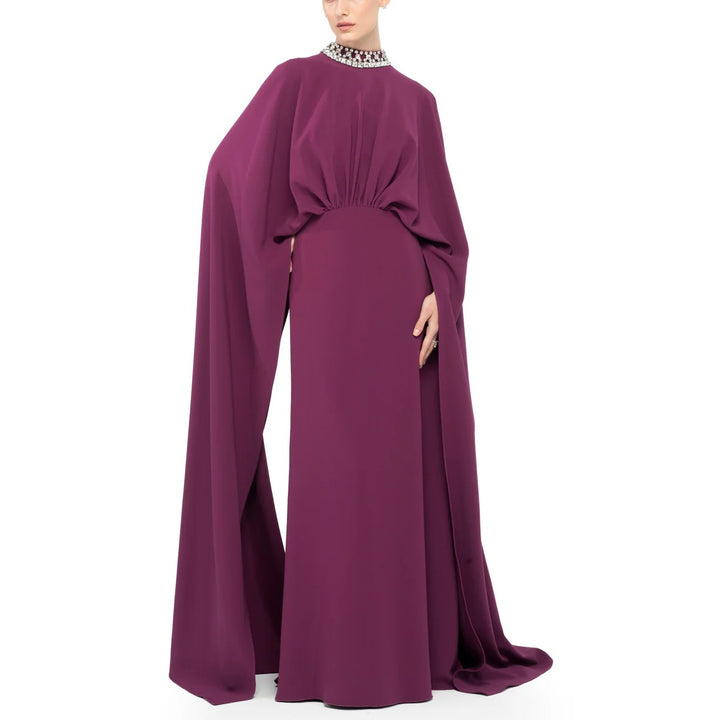 draped cape gown with embellished high neckline – FIORELLA