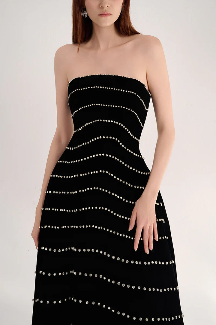 strapless velvet gown with pearl stripe embellishments – MARISEL