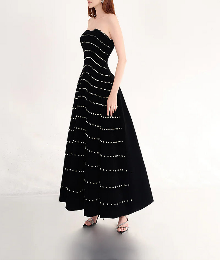strapless velvet gown with pearl stripe embellishments – MARISEL