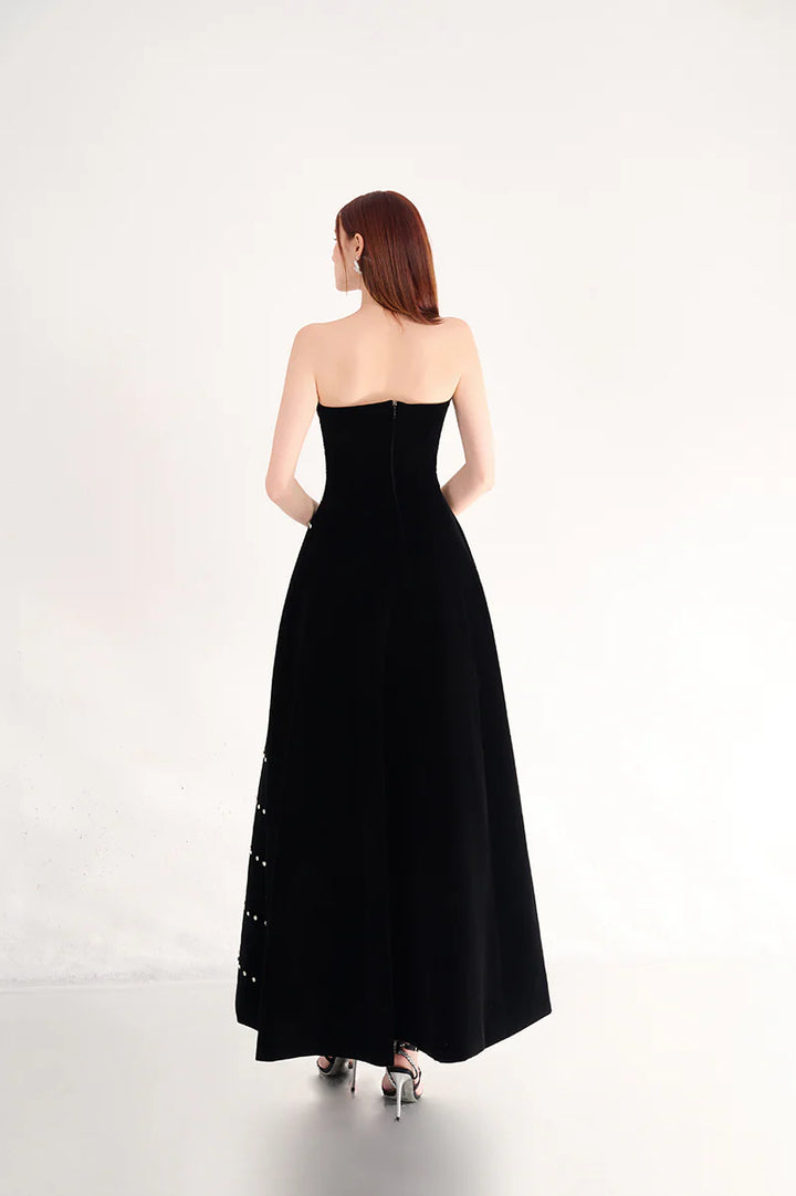 strapless velvet gown with pearl stripe embellishments – MARISEL