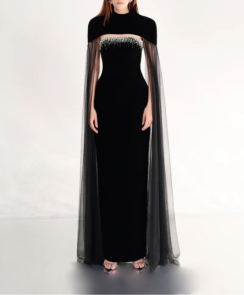 beaded velvet gown with sheer tulle cape – CELESTE