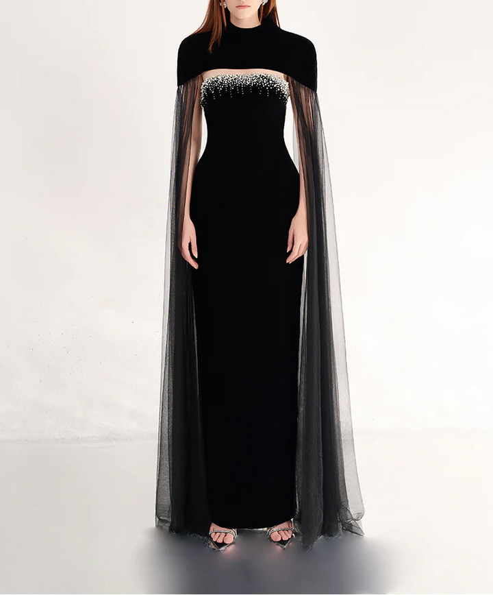 beaded velvet gown with sheer tulle cape – CELESTE