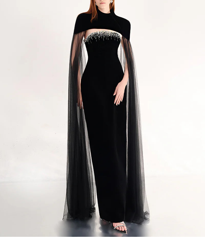 beaded velvet gown with sheer tulle cape – CELESTE