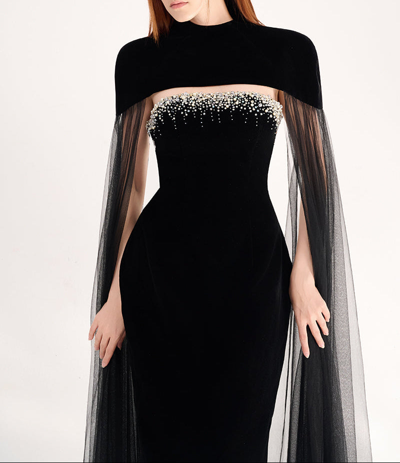 beaded velvet gown with sheer tulle cape – CELESTE
