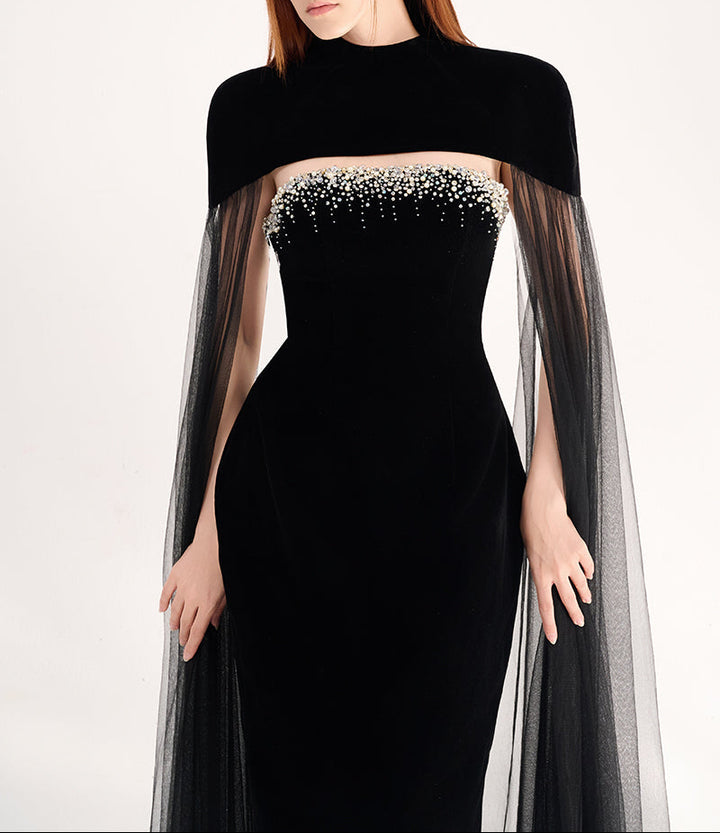 beaded velvet gown with sheer tulle cape – CELESTE