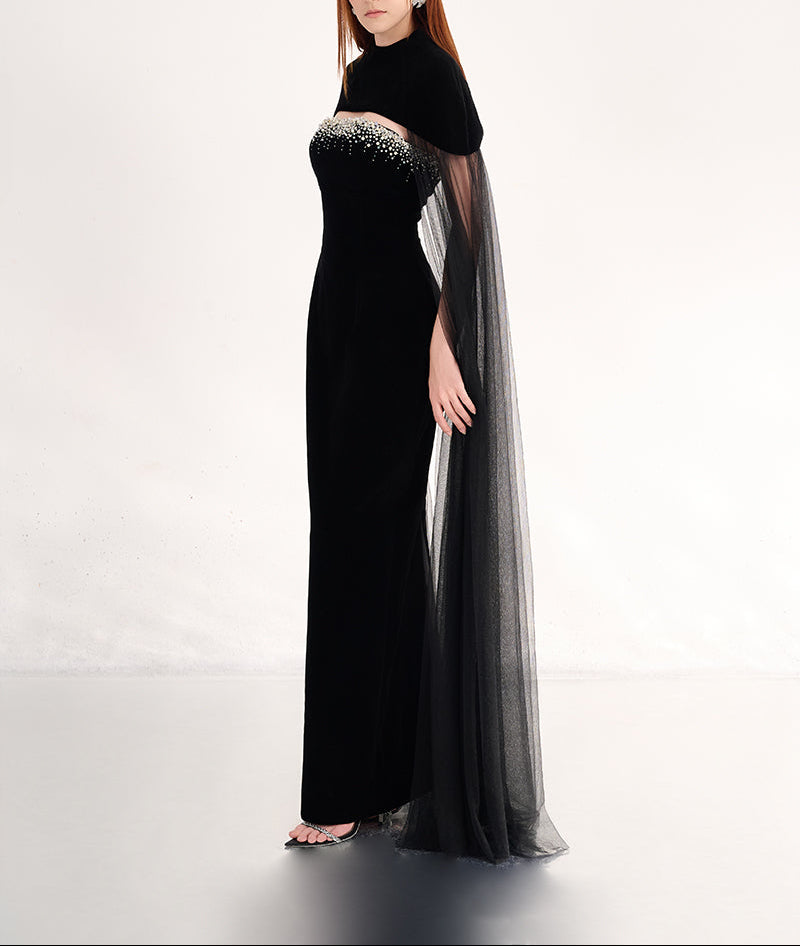 beaded velvet gown with sheer tulle cape – CELESTE