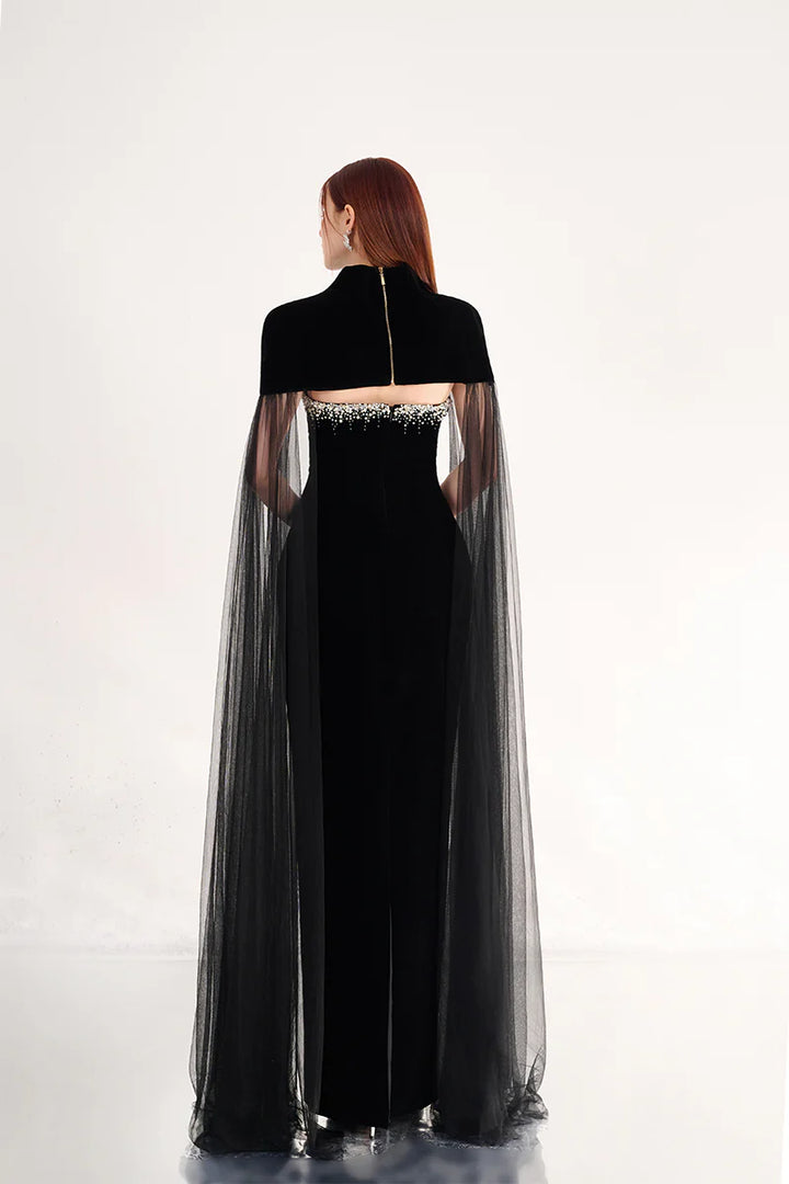 beaded velvet gown with sheer tulle cape – CELESTE