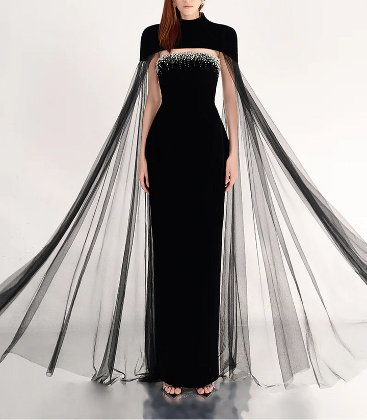 beaded velvet gown with sheer tulle cape – CELESTE