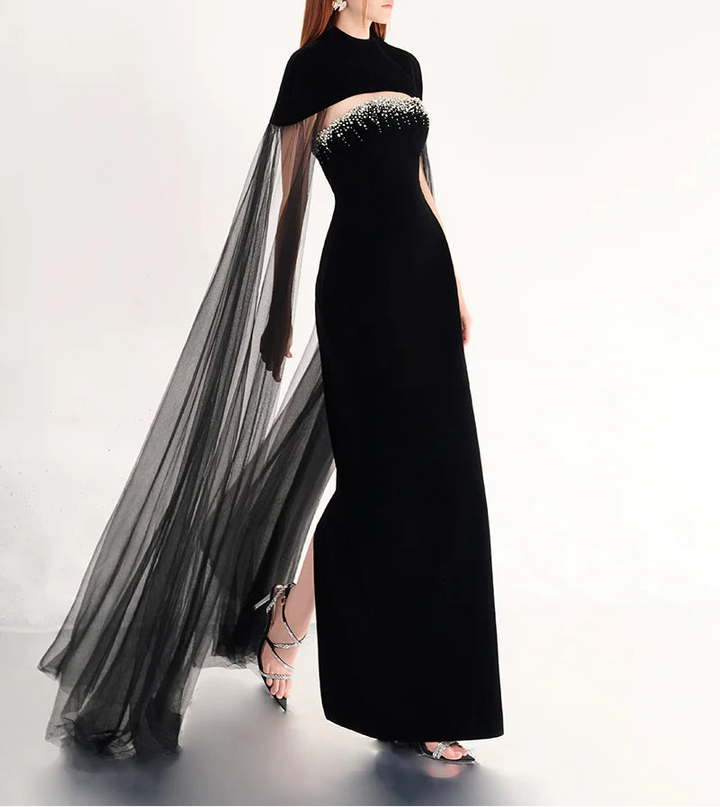 beaded velvet gown with sheer tulle cape – CELESTE