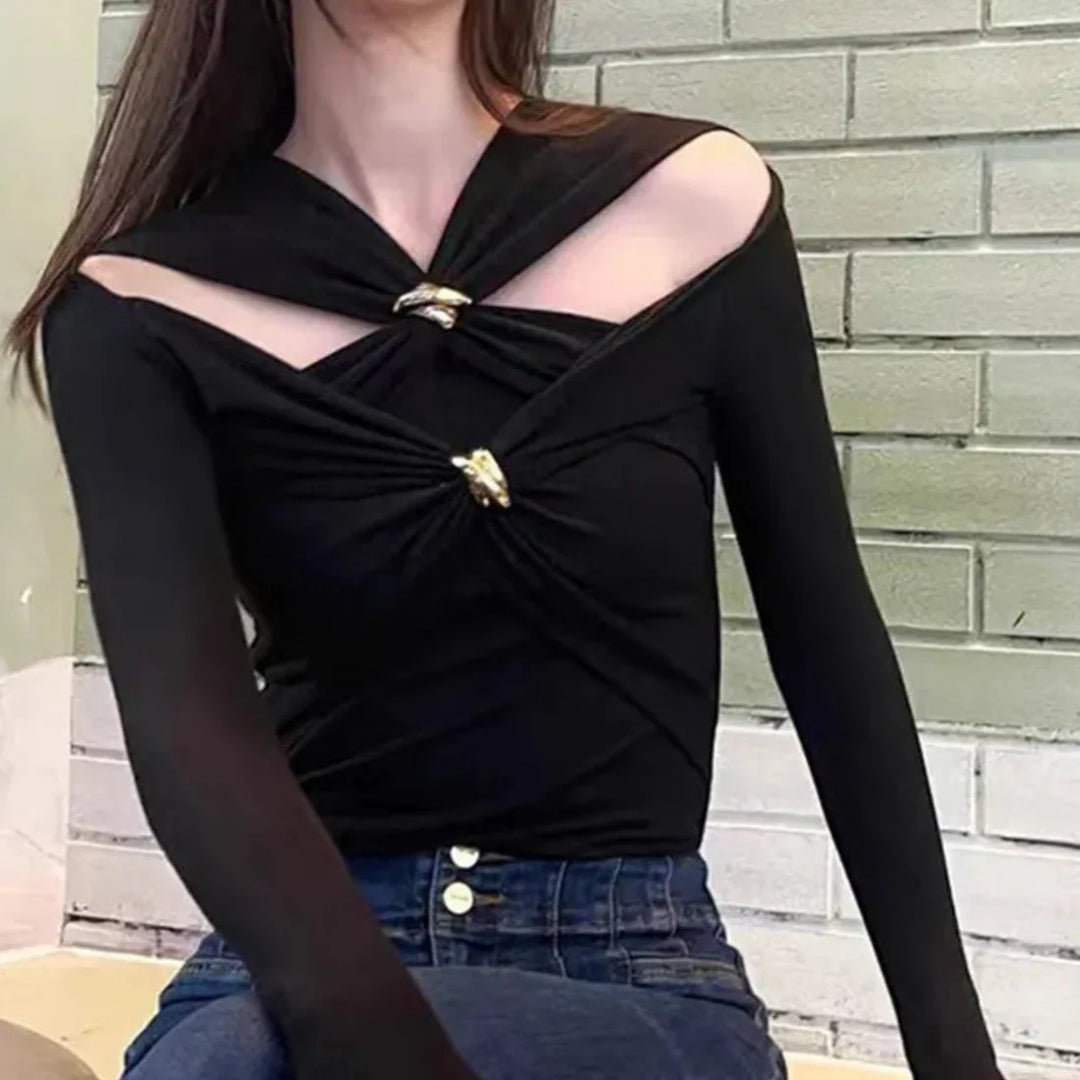 off-shoulder draped top with gold clasp detail – SERAPHINE