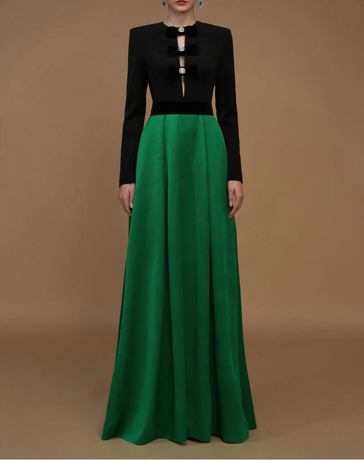 long-sleeve two-tone gown with velvet bows – REGINA