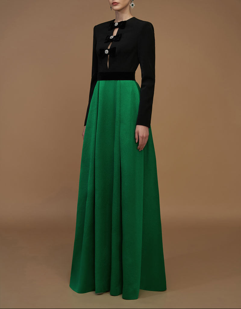long-sleeve two-tone gown with velvet bows – REGINA