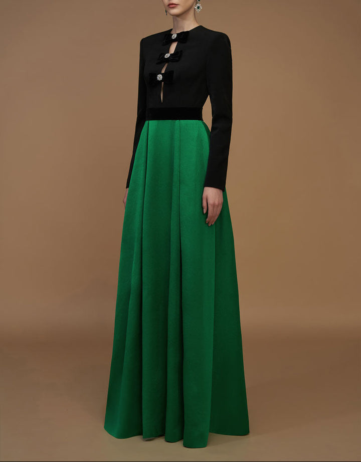 long-sleeve two-tone gown with velvet bows – REGINA