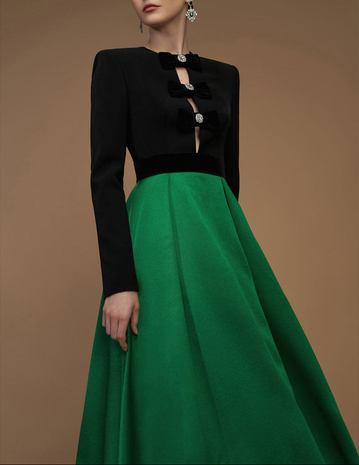 long-sleeve two-tone gown with velvet bows – REGINA