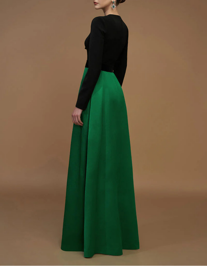 long-sleeve two-tone gown with velvet bows – REGINA