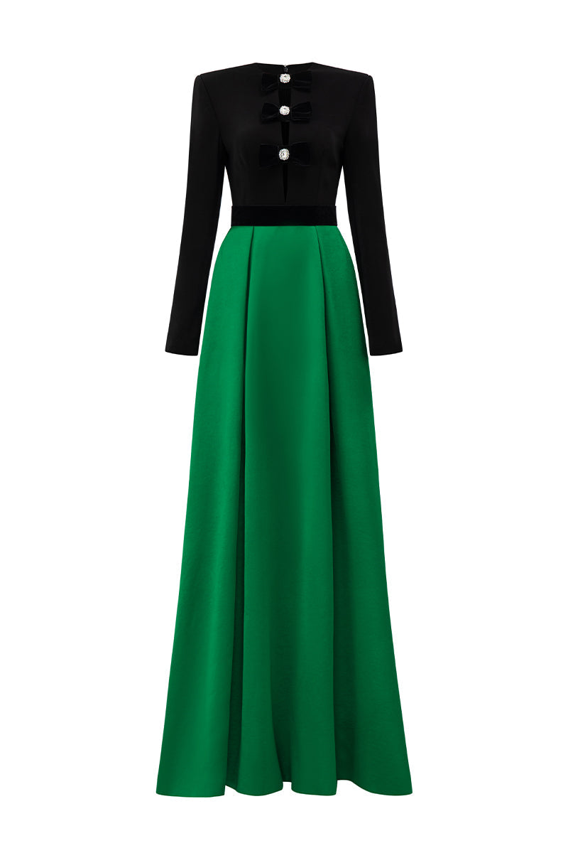 long-sleeve two-tone gown with velvet bows – REGINA