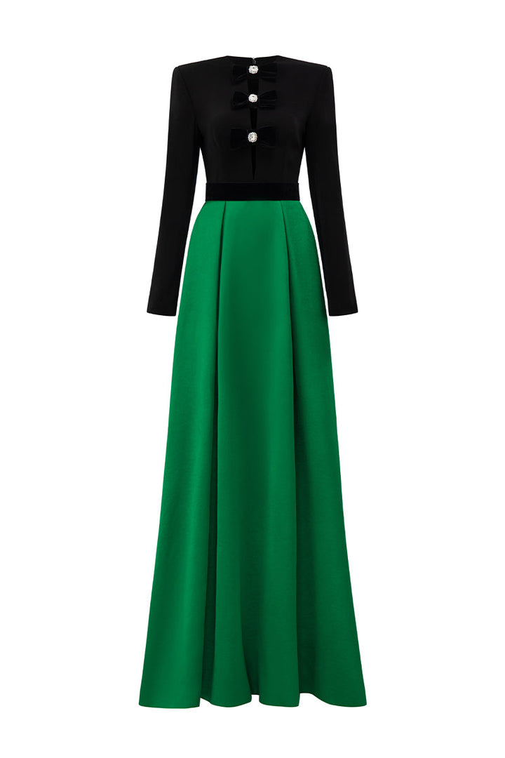 long-sleeve two-tone gown with velvet bows – REGINA