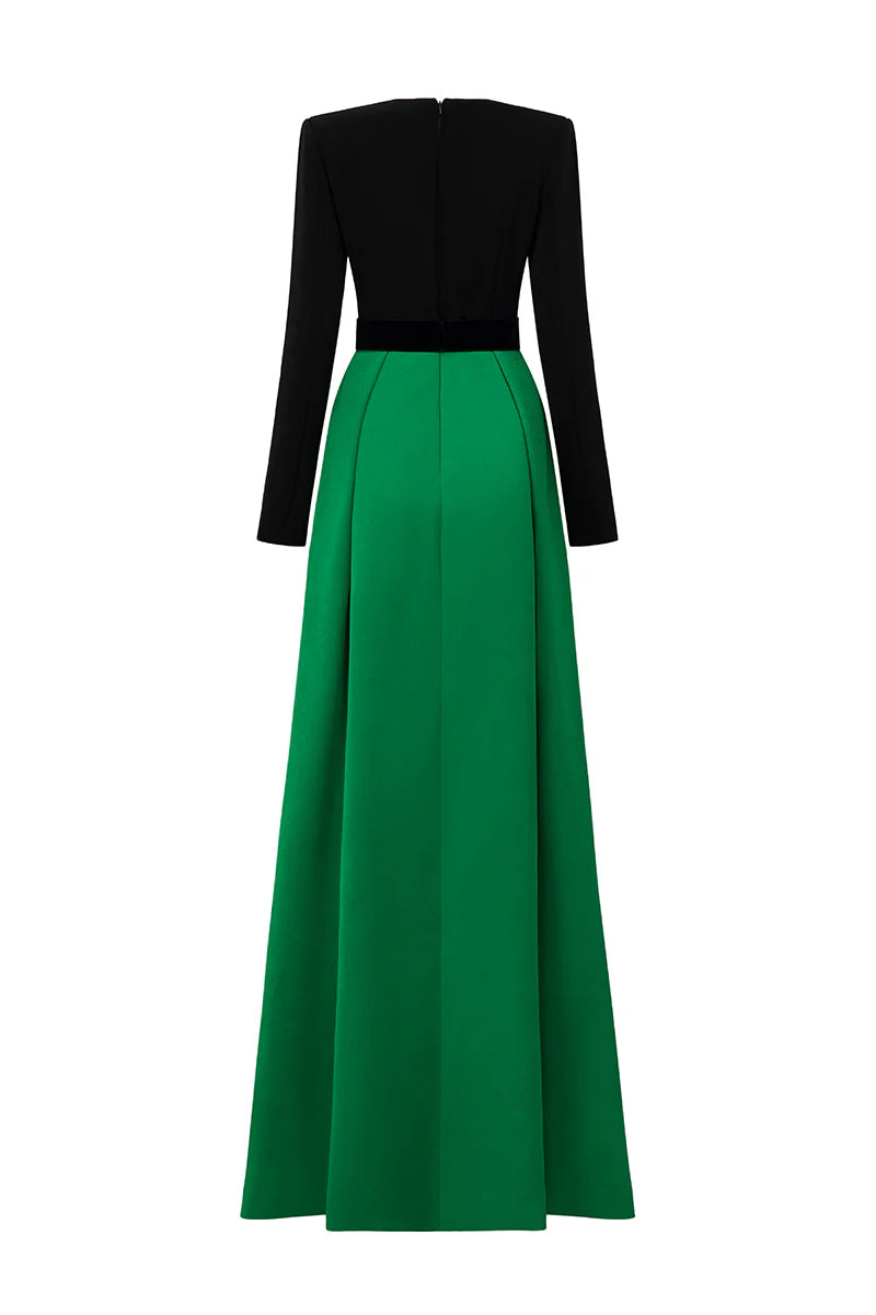long-sleeve two-tone gown with velvet bows – REGINA