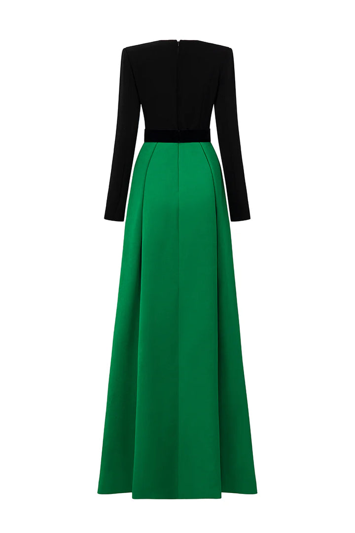 long-sleeve two-tone gown with velvet bows – REGINA