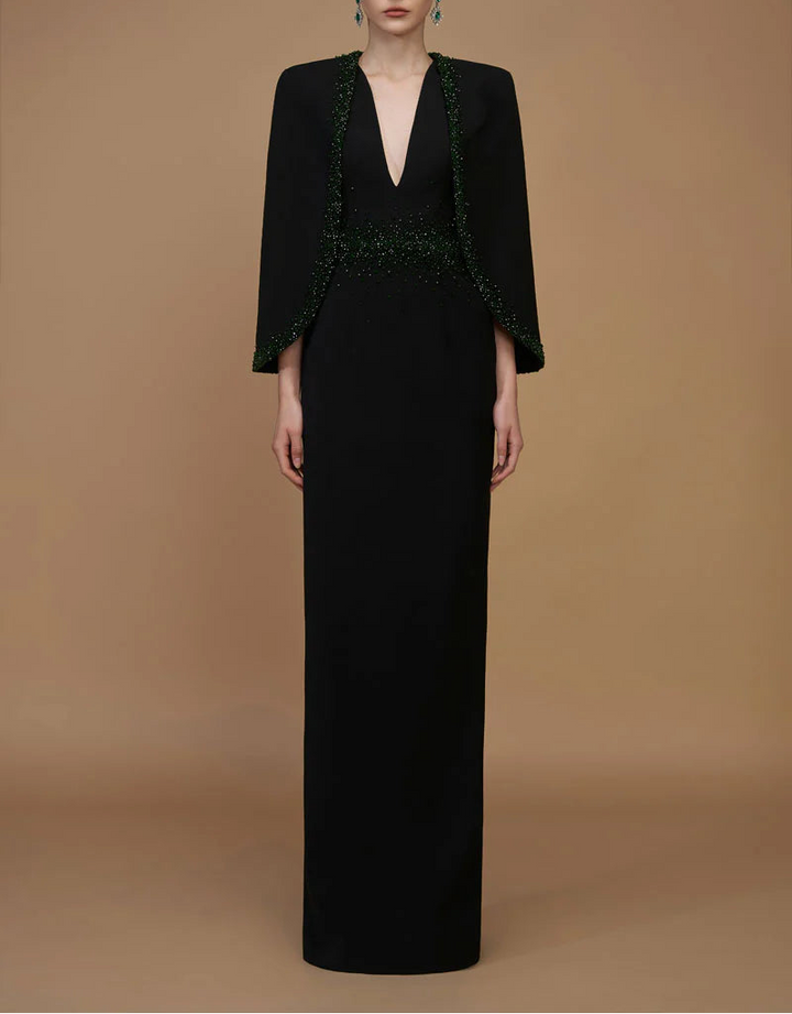 plunging v-neck gown with embellished cape – EMERALD