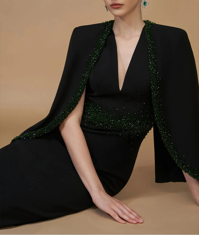 plunging v-neck gown with embellished cape – EMERALD