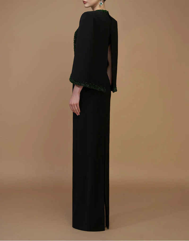 plunging v-neck gown with embellished cape – EMERALD