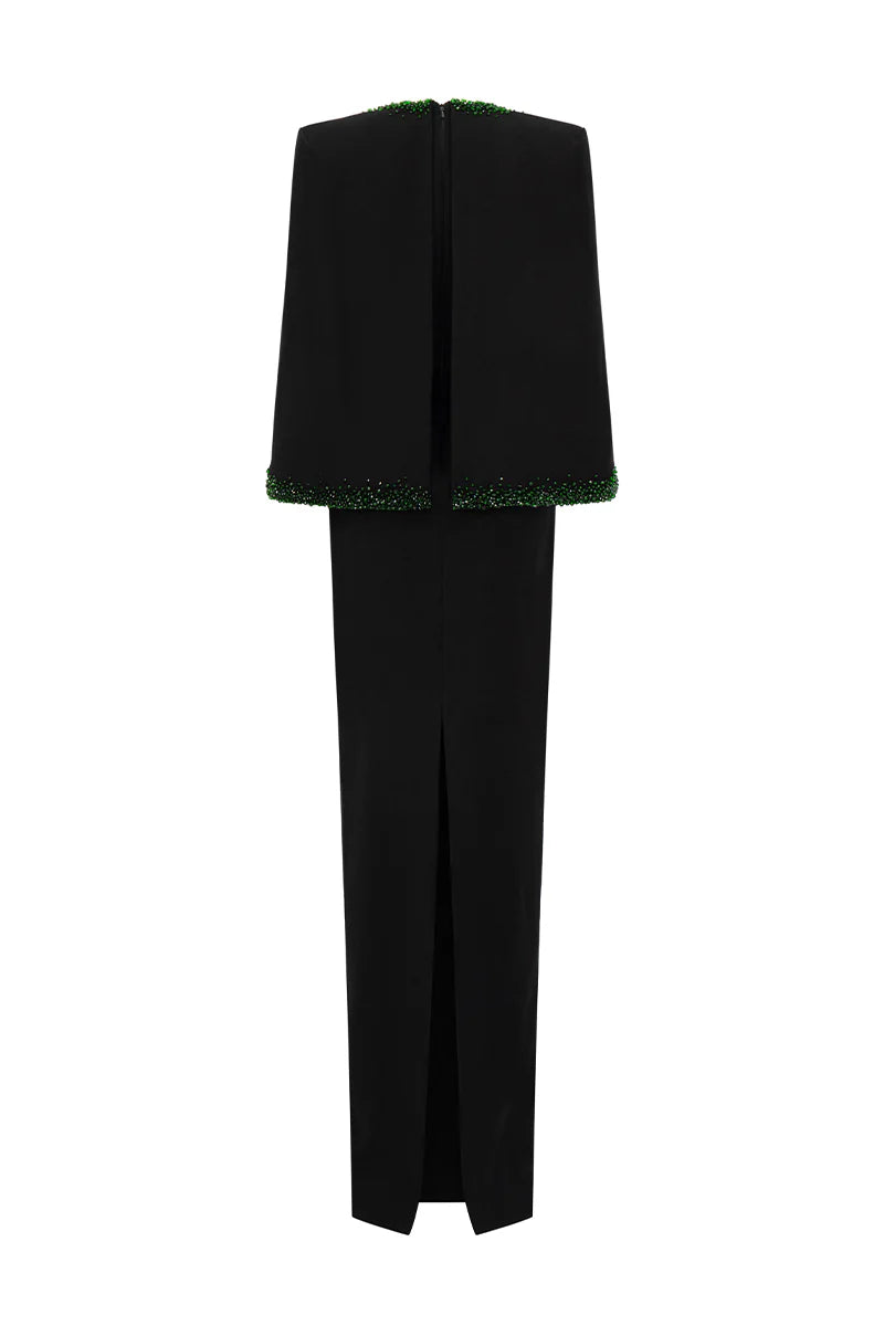 plunging v-neck gown with embellished cape – EMERALD