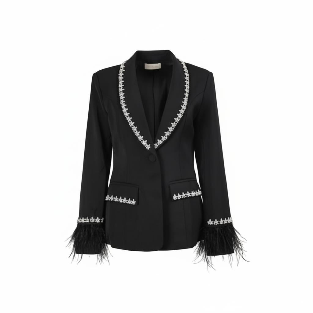 tailored blazer with crystal trim and feather cuffs - CELESTEDU
