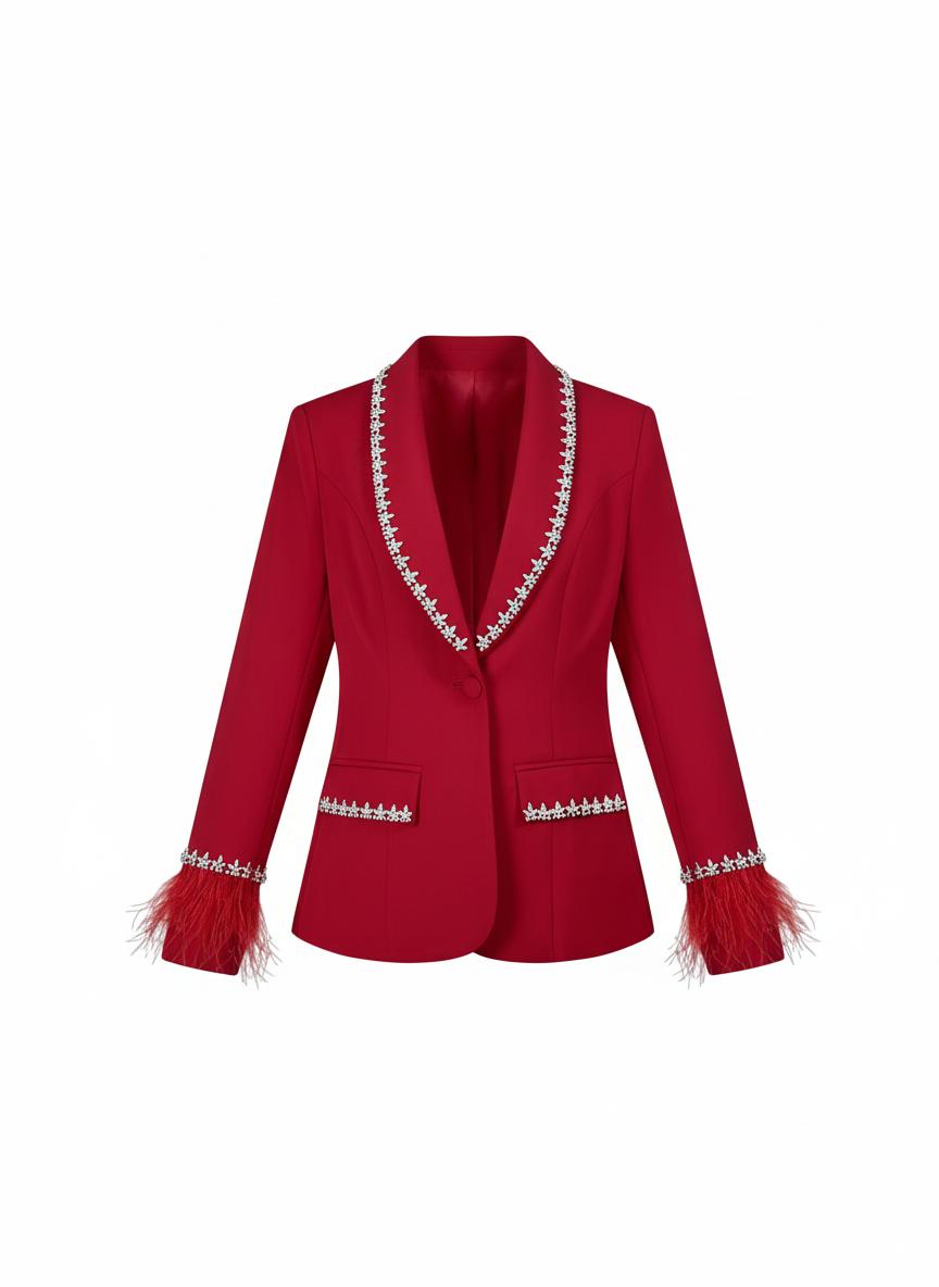 tailored blazer with crystal trim and feather cuffs - CELESTEDU