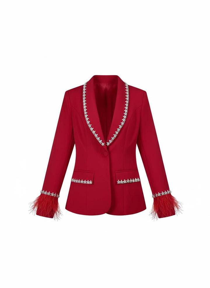 tailored blazer with crystal trim and feather cuffs - CELESTEDU