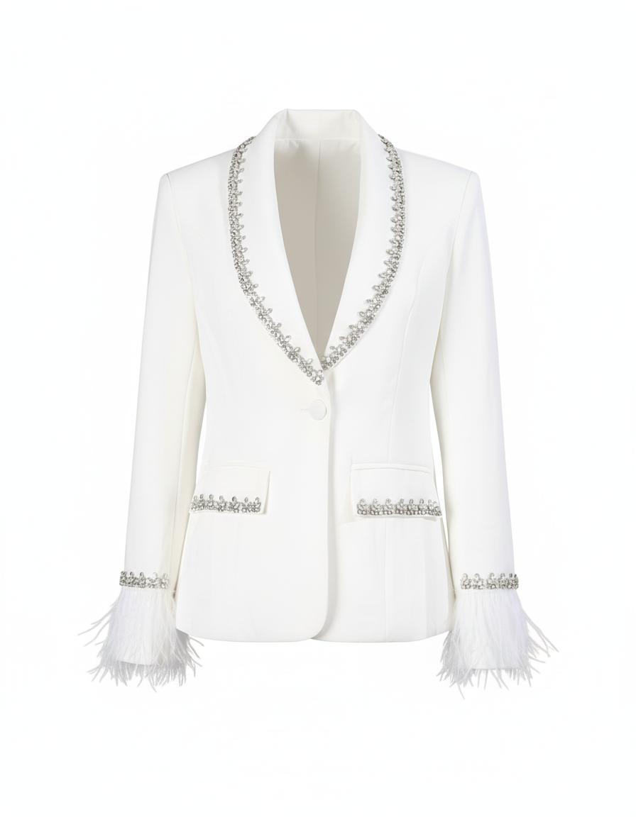 tailored blazer with crystal trim and feather cuffs - CELESTEDU